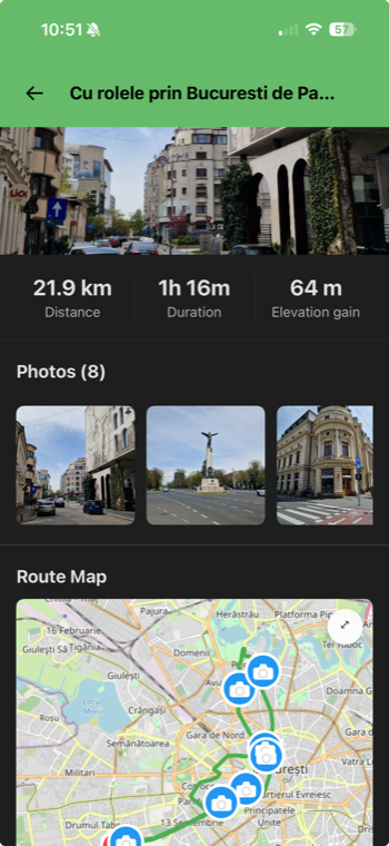 Trackster activity detail with stats, photo grid and route map