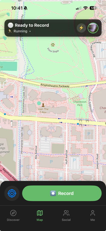 Trackster map screen with the green Record button
