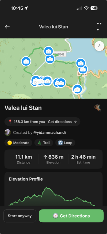 Trackster route detail screen with map, photo pins and elevation profile